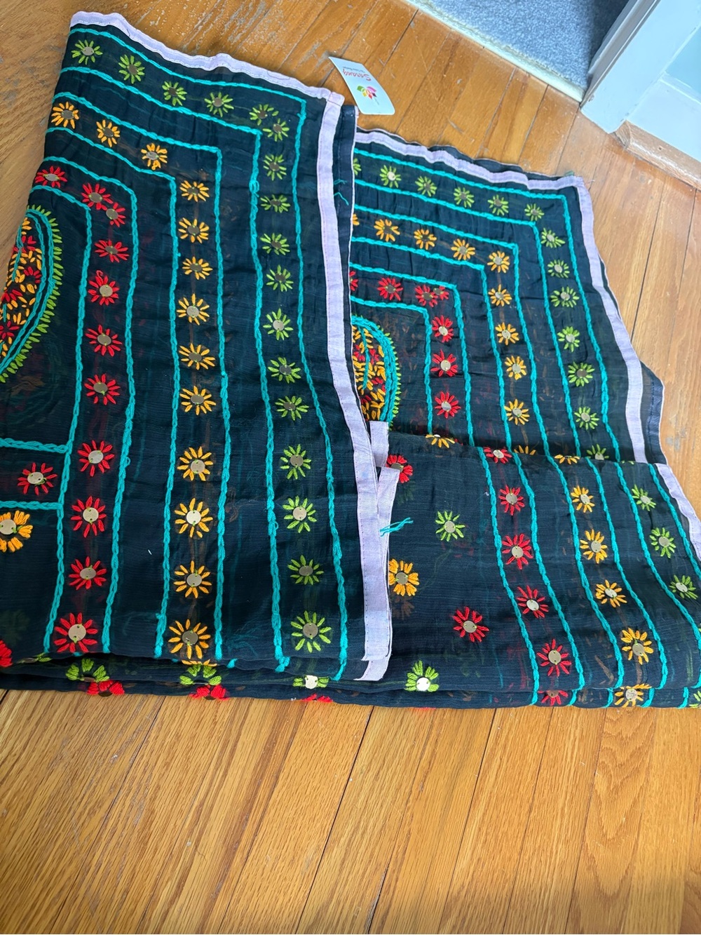 Embroidered Black Floral Scarf or table cloths with Multicolor Daisy Accents